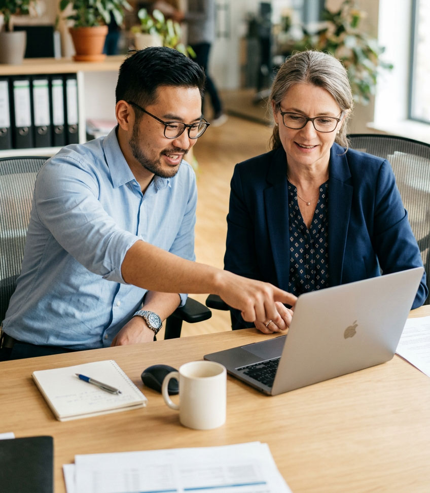 A billing specialist working with a doctor at a laptop in a Denver medical practice.