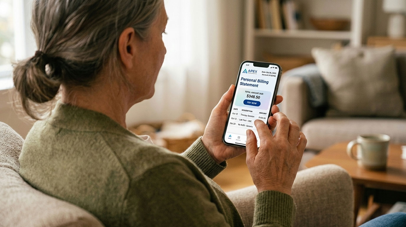 A patient reviewing an Apex medical billing statement on their phone.