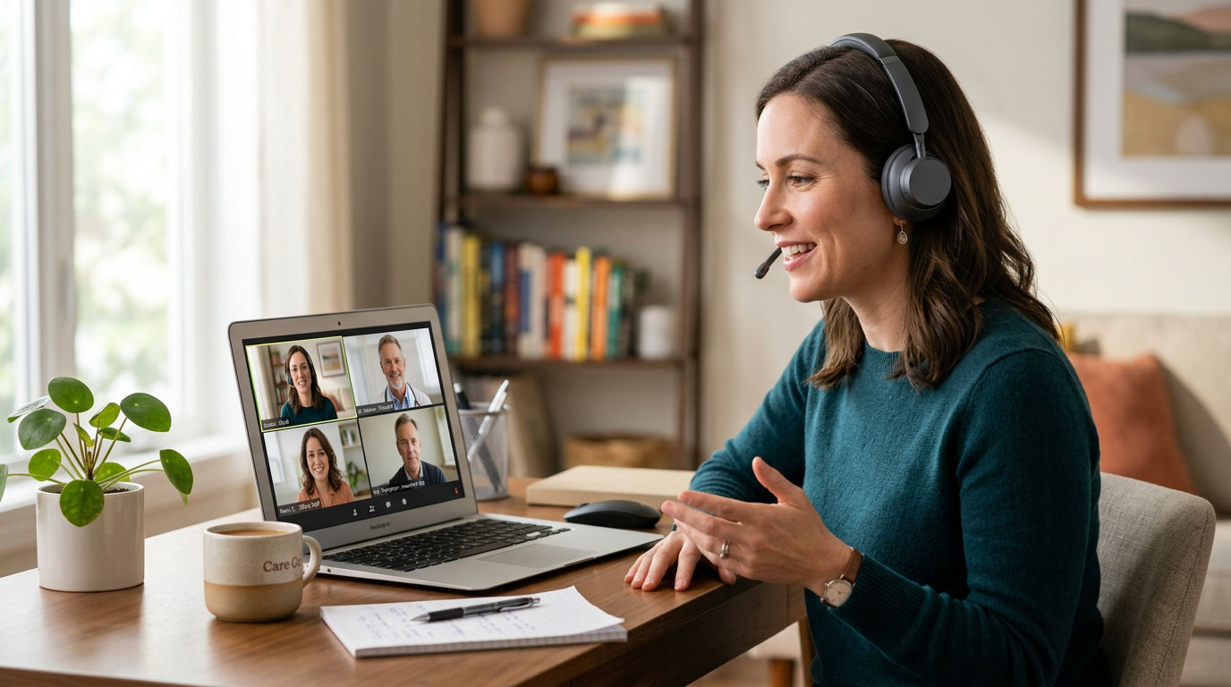 A Salt Lake City based medical billing specialist on a headset joining a video call.