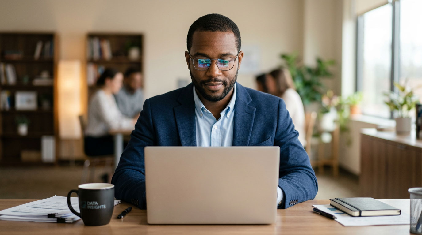 A specialist reviewing accounts-receivable reports on a laptop.